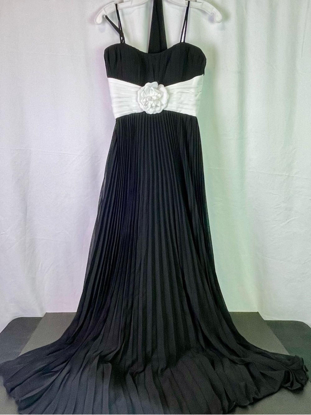 Bari Jay Black Pleated Evening Gown with White Floral Waistband